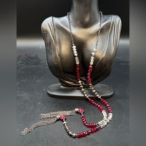 Necklace - gun metal tone, Y-style, metal chain fringe - (#0705)